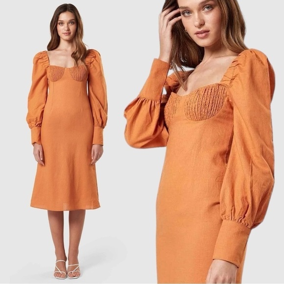 Anthropologie Charlie Holiday Linen Fitted Bodice  Midi Dress in Burnt Sienna XS - Picture 1 of 14